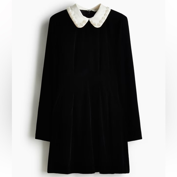 H&M Dresses & Skirts - H&M Velvet Short Dress with Contrasting Collar with Pearlescent Beads Black NWT
